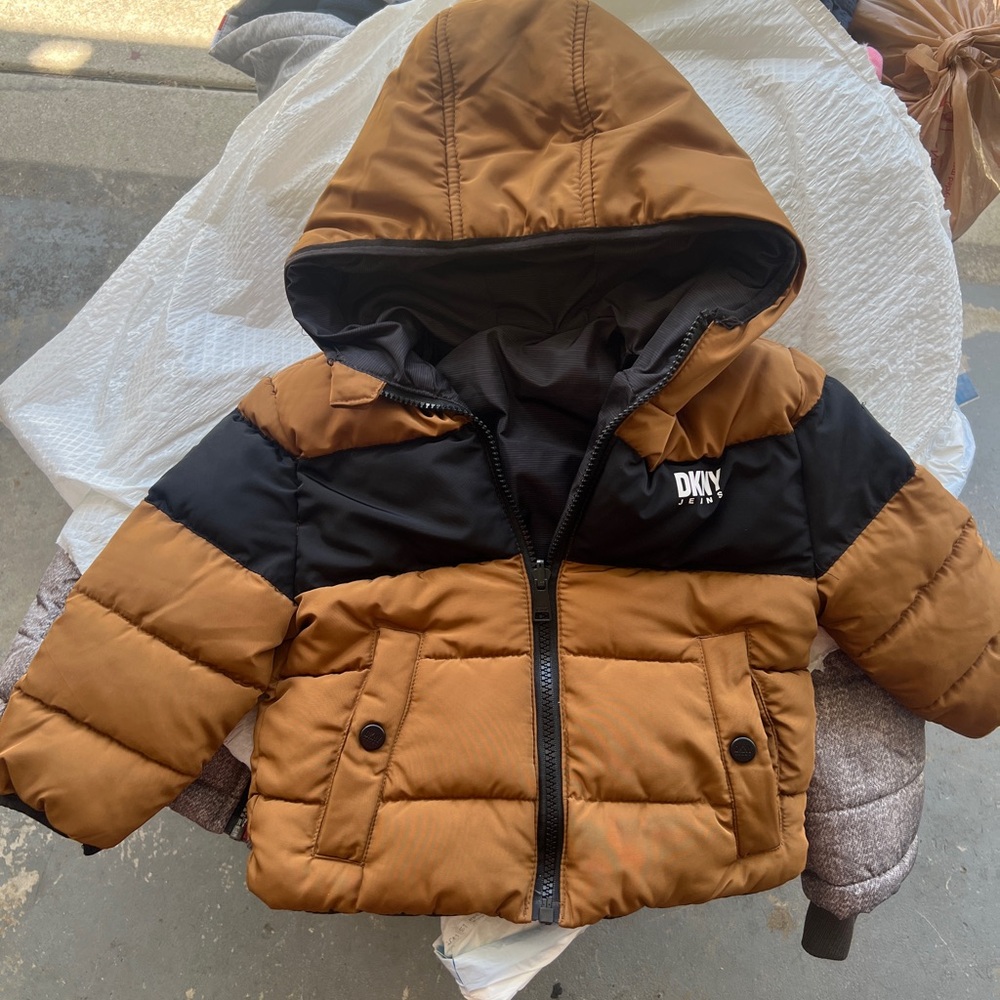 DKNY Tan and Black Puffer Coat